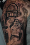 Black and Grey Realism Music Sleeve Tattoo