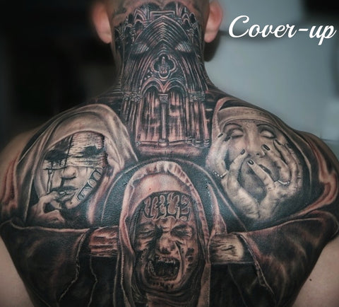 Cover-up Horror Backpiece Black and Grey Realism Tattoo